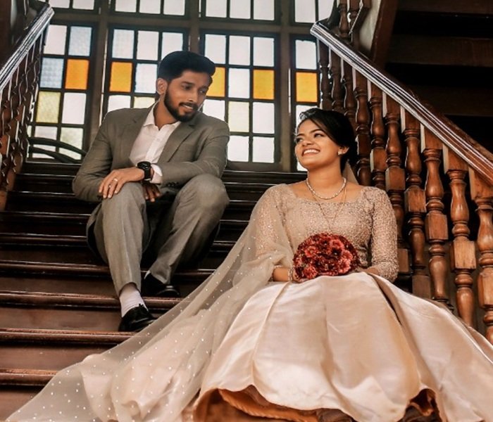 Joyful smiles on the staircase